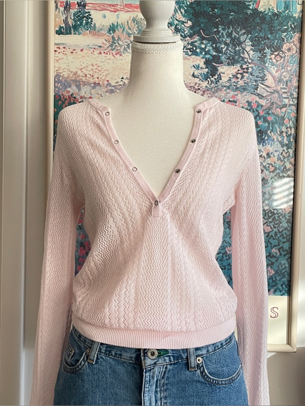 American Eagle Henley Top Medium Baby Pink Bella Elena Pointelle Coquette Y2K